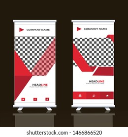 Red roll up geometric business brochure flyer banner design vertical template vector, cover presentation abstract geometric background, modern publication x-banner and flag-banner, layout in rectangle size. - V