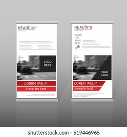 Red roll up, business brochure template for advertining. Vector corporate identity vertical banner, presentation template