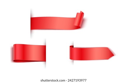 Red rolled ribbons realistic vector illustration set. Blank labels for business advertising 3d models on white background. Commercial tags