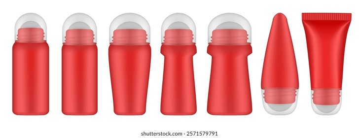 Red roller ball bottles with transparent caps. Body antiperspirant deodorant roll-on. Realistic vector mockup. Roller Applicator