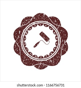Red roller brush icon inside distress rubber seal with grunge texture