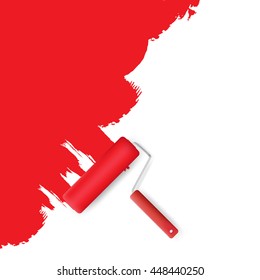 Red Roller Brush Painting on Wall. vector illustration