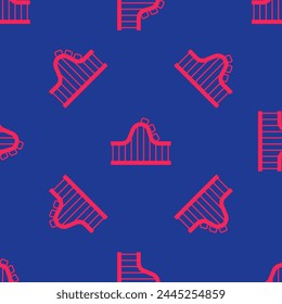 Red Roller coaster icon isolated seamless pattern on blue background. Amusement park. Childrens entertainment playground, recreation park.  Vector