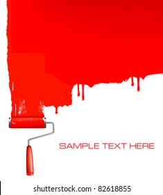 Red roller painting the white wall. Background vector.