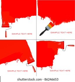 Red Roller Painting The White Wall. Background Vector.