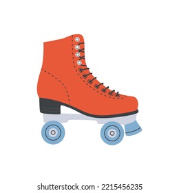 Red Roller Skate, Vintage Quad Skates. Girls Wearing Retro Fashion Style From 70s 80s . Sport And Disco. Cute Vector Illustrations In Trendy Pastel Colors. Hand Drawn Comic Rollerblades.