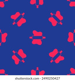Rote Rolling Pin auf Teig-Symbol isoliert nahtlose Muster auf blauem Hintergrund.  Vektorgrafik