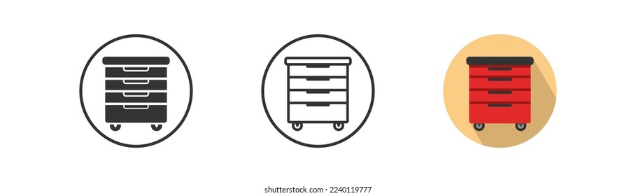 Red rolling tool cabinet icon on light background with shadow in circle. Line, black and colored style. Garage stuff. Tools storage symbol. Toolbox sign. Flat minimal design. Vector illustration. 