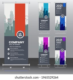 red Rollup banner, brochure flyer banner design template vector, abstract background, modern x-banner, rectangle size green ,purple, magenta and red colourful design.