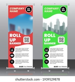 red Rollup banner, green Rollup baner brochure flyer banner design template vector, abstract background, modern x-banner, rectangle size green and red colourful design.