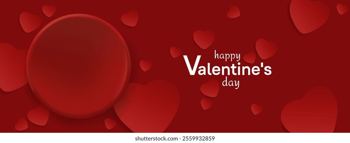 Red romantic background with circular podium top view - scattered heart shapes around round showcase platform. Love themed merchandising, romantic product display or holiday social media banner.