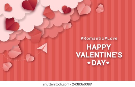fondo romántico rojo con nubes y corazones en estilo de papel