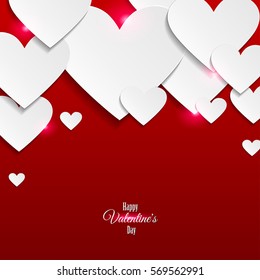 red romantic background with white paper cut out hearts and greeting inscription with Happy Valentine's Day. Holiday card with heart. International holiday of lovers. Festive banner or poster