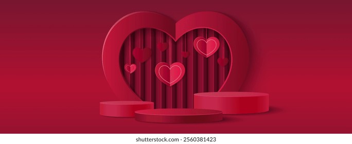 Red romantic display with circular podiums - heart shaped frame backdrop, floating love symbols on maroon background. Valentine day showcase, mother day product presentation or wedding layout.