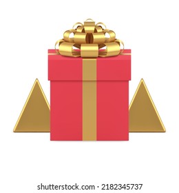 Casilla de regalo rojizo brillante cuadrada metálica de la lazo dorado triángulo pirámide de la pirámide de la Navidad minimalista árbol de la imagen realista de un icono 3d ilustrativo vectorial. Nochebuena regalo paquete festividad de vacaciones de invierno