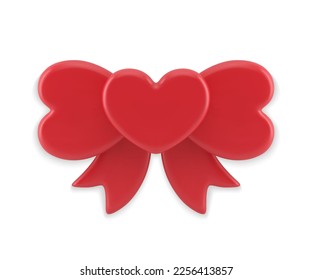 Red romantic heart tied bow glossy ribbon package decor element holiday celebration 3d icon realistic vector illustration. Premium Easter birthday anniversary decorative design Valentine present