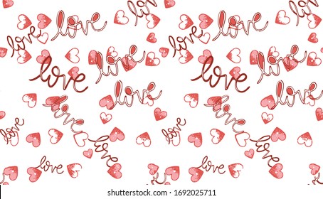 Red romantic love words with hearts pattern. for Valentine's Day garment, gift, present, wallpaper. seamless vector print 