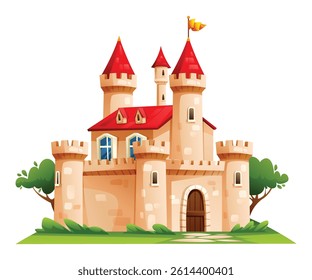 Red roof castle with central tower and rounded turrets in a grassy landscape. Vector cartoon illustration isolated on white background