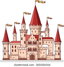 Red roof castle and flags in cartoon style