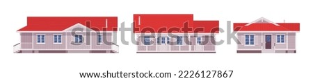 Red roof white exterior dream home cartoon set. Small budget beautiful, functional, comfortable building, successful investment for renting, buying, classical design. Vector flat style illustration