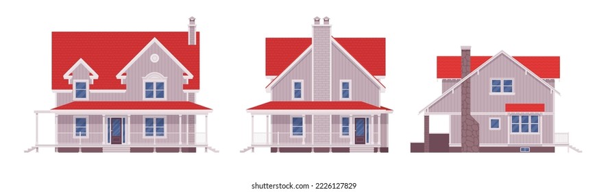 Red roof white home exterior, facade cartoon set. Buying dream house, garage, building decor for designers, architects, builders, homebuyer architectural inspiration. Vector flat style illustration