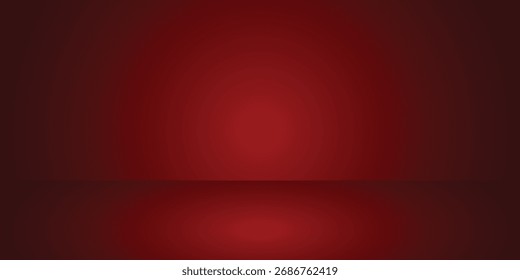 Rotes Zimmer, Hintergrund. Abstrakt leeres Studio. Horizontaler BG. Lichtszene für Produkt. Einfache 3D-Kulisse Farbverlaufstabelle. Minimale Textur leere Wand und Boden. Skyline-Modell. Vektorgrafik