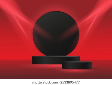 Red room with black stage podium illuminated by spotlights. Empty round podium with illuminated red projector. Product concept. Black Friday, promotions, sale, showcase podium. Vector 3D illustration