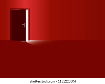 Red Room And Half Open Door With Incidence Of Light Coming In. Vector Illustration.