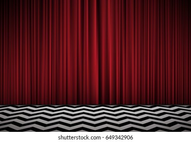 Red room. Horisontal background with red velvet curtains and black and white zigzag floor.