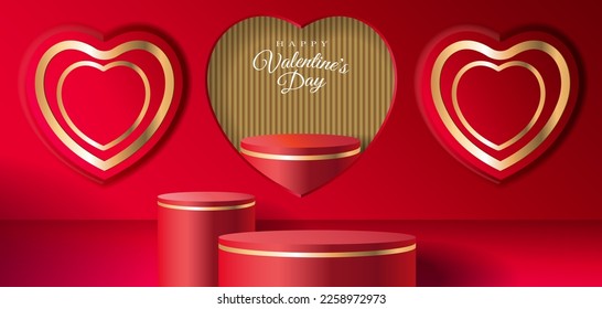 Una habitación roja con un estrado rojo en un corazón dorado y rojo. forma de ventana de forma y forma de corazón la escena mínima del día de San Valentín para la presentación de productos.