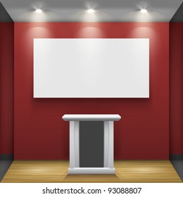 Red room with tribune and white frame on the wall, illuminated by floodlights. Part of set. Vector interiors.