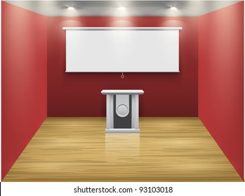 Red room with tribune and white screen on the wall, illuminated by floodlights. Part of set. Vector interiors.