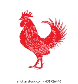 Red rooster as animal zodiac symbol for Chinese New year 2017. Hand drawing cock design element for Chinese New year cards. Happy new year Chinese Year of the Rooster zodiac emblem.