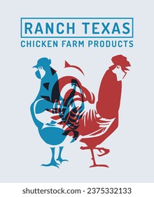 red rooster and blue hair silhouette. Risograph effect. A farmer's market product. Concept. Brand, emblem, symbol. Vector flat illustration