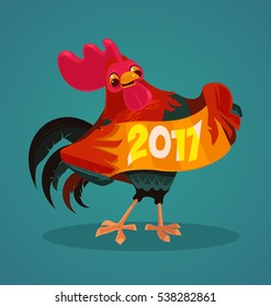 Red rooster character hold card 2017. Vector flat cartoon illustration