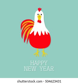 Red Rooster Cock bird. 2017 Happy New Year symbol Chinese calendar. Cute cartoon funny character with big feather tail. Baby farm animal. Blue background. Flat design. Vector illustration