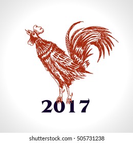 Red rooster drawing illustration vector. 2017 with text. Vintage style cock vector hand drawing. Symbol for Chinese New year 2017