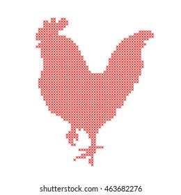 Red Rooster embroidered by cross isolated on white background. Symbol of the New Year 2017. Art vector illustration