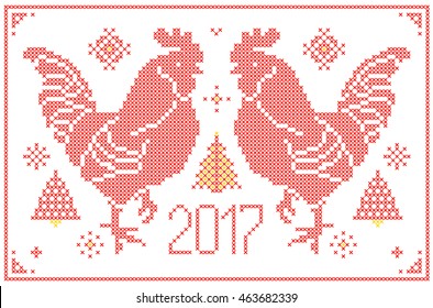 Red Rooster embroidered by cross isolated on white background. Symbol of the New Year 2017. Art vector illustration