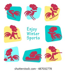 Red Rooster enjoys winter sports. Funny icons cock playing. Rooster Symbol of Chinese New Year. Skiing, snowboarding, hockey, figure skating, bobsled, curling