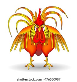 Red rooster. Fiery cock. Horoscopic sign 2017 onwards. Illustration for the new year. Red cock. Rooster 2017.