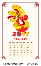 Red rooster hand drawn vector illustration with 2017 sign. Chinese horoscope symbol of new year with calendar grid on January. One month grid template for your design
