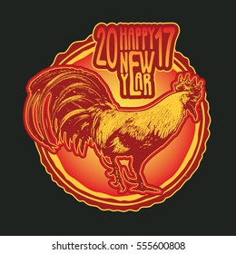 Red Rooster. Happy New Year 2017. Hand Drawn Greeting card Engraving Style. Vector Illustration.