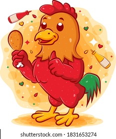 Red rooster holding fried chicken and giving thumbs up of illustration