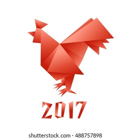 Red rooster isolated on white background. Symbol of the 2017 year. Origami paper style.