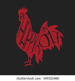 Red rooster and lettering isolated on black background. The symbol of the year 2017. Silhouette. Text. 2017. Vector illustration.