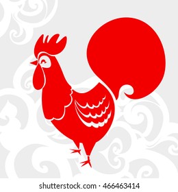 Red rooster for new year 2017 on abstract background with floral motif - sign, symbol, icon, vector illustration