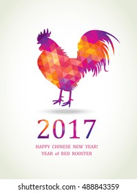 Red Rooster. New Year Greeting Card with Symbol of 2017 on the Chinese Calendar. Abstract Cock with Geometric Triangle Pattern.