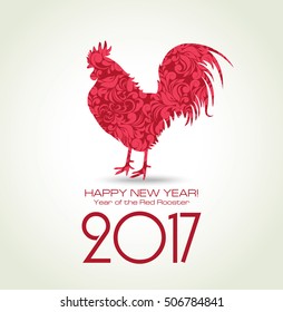 Rooster Rojo. Tarjeta de saludo de Año Nuevo con símbolo de 2017 en el calendario chino. Depósito de Fuego con Patrón Floral.
