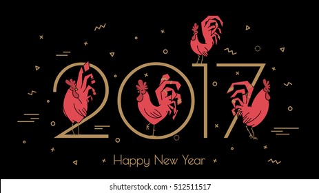 Red rooster on a black background with gold numbers. Modern  illustration for the new year 2017. Symbol of the Chinese calendar